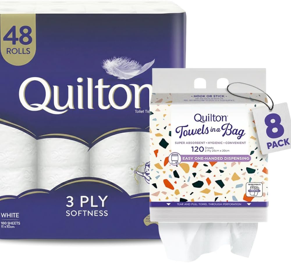 Quilton Toilet Paper 3-Ply Tissue 48 Rolls with Quilton Paper Towels in a Bag, Strong, Soft and Absorbent, Gentle on Skin, Convenient Bundle for Home and Family Use